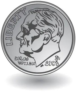 A dime, a small coin worth ten cents.